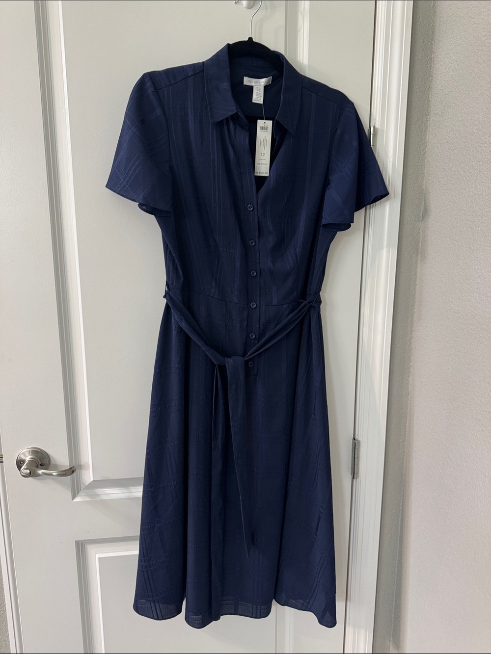 London Times Navy Short-Sleeve Midi Shirt Dress with Tie